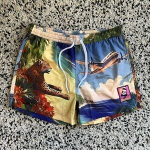 Duvin Beach Club Beach Landing Swim Shorts Retro Panther Plane Print Men’s Large